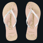 Gold Lace Elegant Coral Peach Bridesmaid Wedding Flip Flops<br><div class="desc">These elegant wedding flip flops are a great way to thank and recognise your bridesmaids, while giving their feet a rest after a long day. The beautiful design features an elegant design with golden lace frills on a pale orange or coral peach coloured background and fancy gold coloured script lettering....</div>