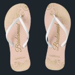 Gold Lace Elegant Coral Peach Bridesmaid Wedding Flip Flops<br><div class="desc">These elegant wedding flip flops are a great way to thank and recognise your bridesmaids, while giving their feet a rest after a long day. The beautiful design features an elegant design with golden lace frills on a pale orange or coral peach coloured background and fancy gold coloured script lettering....</div>