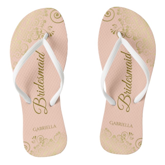 Gold Lace Elegant Coral Peach Bridesmaid Wedding Flip Flops (Footbed)