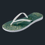 Gold Lace Elegant Emerald Green Bridesmaid Wedding Flip Flops<br><div class="desc">These elegant wedding flip flops are a great way to thank and recognise your bridesmaids, while giving their feet a rest after a long day. The beautiful design features an elegant design with golden lace frills on an emerald green background and fancy gold coloured script lettering. The text reads Bridesmaid...</div>