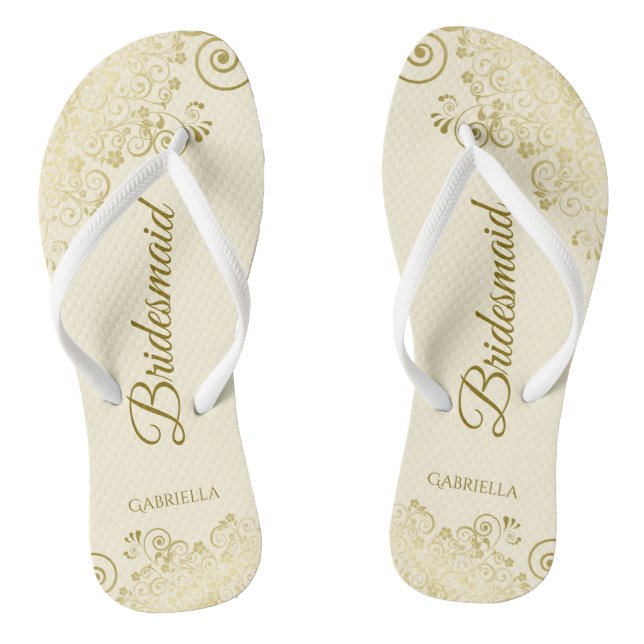 Gold Lace Elegant Ivory Cream Bridesmaid Wedding Flip Flops (Footbed)