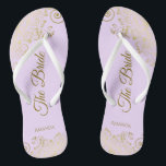 Gold Lace Elegant Lilac Purple Bridesmaid Wedding Flip Flops<br><div class="desc">These elegant wedding flip flops are a great way to thank and recognise your bridesmaids, while giving their feet a rest after a long day. The beautiful design features an elegant design with golden lace frills on a pale purple, lavender, or lilac coloured background and fancy gold coloured script lettering....</div>