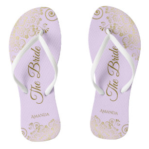 Gold Lace Elegant Lilac Purple Bridesmaid Wedding Flip Flops