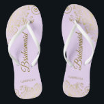 Gold Lace Elegant Lilac Purple Bridesmaid Wedding Flip Flops<br><div class="desc">These elegant wedding flip flops are a great way to thank and recognise your bridesmaids, while giving their feet a rest after a long day. The beautiful design features an elegant design with golden lace frills on a lilac, lavender, or pale purple coloured background and fancy gold coloured script lettering....</div>
