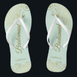 Gold Lace Elegant Mint Green Bridesmaid Wedding Flip Flops<br><div class="desc">These elegant wedding flip flops are a great way to thank and recognise your bridesmaids, while giving their feet a rest after a long day. The beautiful design features an elegant design with golden lace frills on a pale neo mint green coloured background and fancy gold coloured script lettering. The...</div>