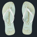 Gold Lace Elegant Mint Green Bridesmaid Wedding Flip Flops<br><div class="desc">These elegant wedding flip flops are a great way to thank and recognise your bridesmaids, while giving their feet a rest after a long day. The beautiful design features an elegant design with golden lace frills on a pale neo mint green coloured background and fancy gold coloured script lettering. The...</div>
