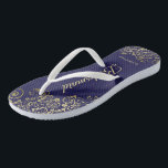 Gold Lace Elegant Navy Blue Bridesmaid Wedding Flip Flops<br><div class="desc">These elegant wedding flip flops are a great way to thank and recognise your bridesmaids, while giving their feet a rest after a long day. The beautiful design features an elegant design with golden lace frills on a navy blue background and fancy gold coloured script lettering. The text reads Bridesmaid...</div>