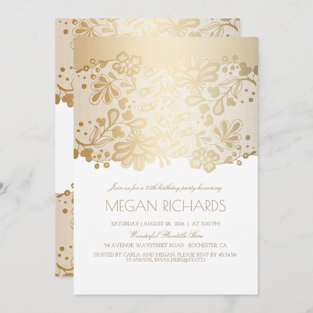 Gold Lace Elegant Vintage White Birthday Party Invitation (Front/Back)