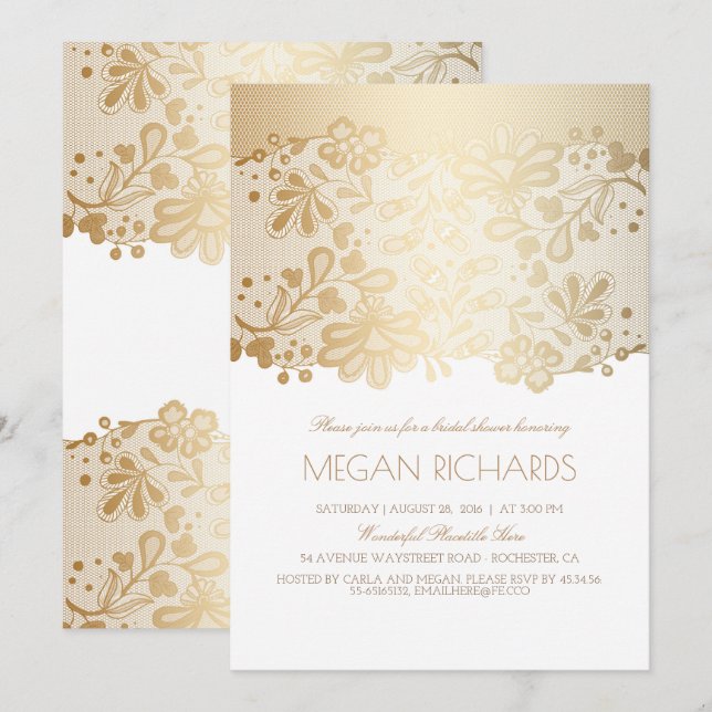 Gold Lace Elegant Vintage White Bridal Shower Invitation (Front/Back)