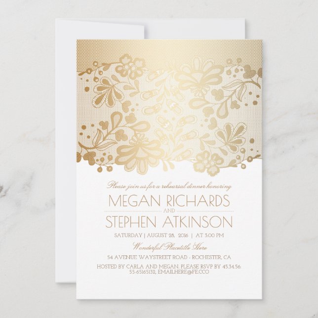 Gold Lace Elegant Vintage White Rehearsal Dinner Invitation (Front)