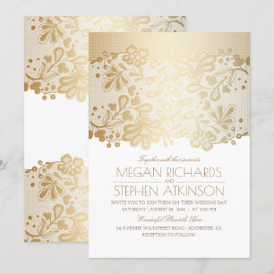 Gold Lace Elegant Vintage White Wedding Invitation