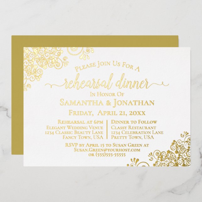 Gold Lace Elegant White Wedding Rehearsal Dinner (Front/Back)