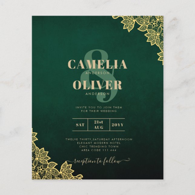Gold Lace Emerald Green All-in-1 Wedding Invite QR (Front)