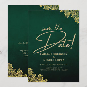 Gold Lace Emerald Green All-in-1 Wedding Invite QR