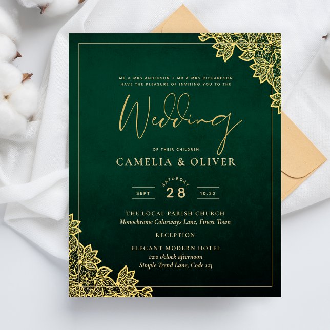 Gold Lace Emerald Green All-in-1 Wedding Invite QR (Creator Uploaded)