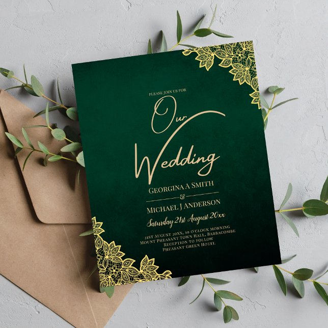 Gold Lace Emerald Green All-in-1 Wedding Invite QR (Creator Uploaded)