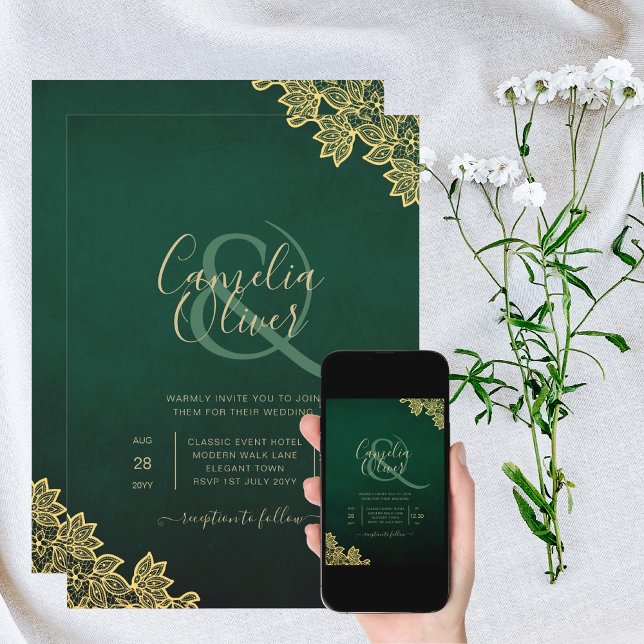 Gold Lace Emerald Green All-in-1 Wedding Invite QR (Creator Uploaded)
