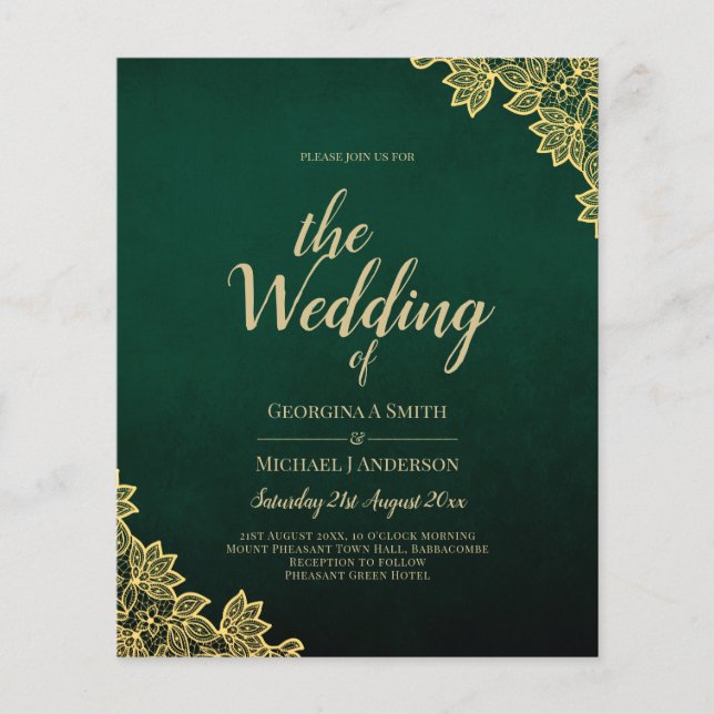 Gold Lace Emerald Green All-in-1 Wedding Invite QR (Front)