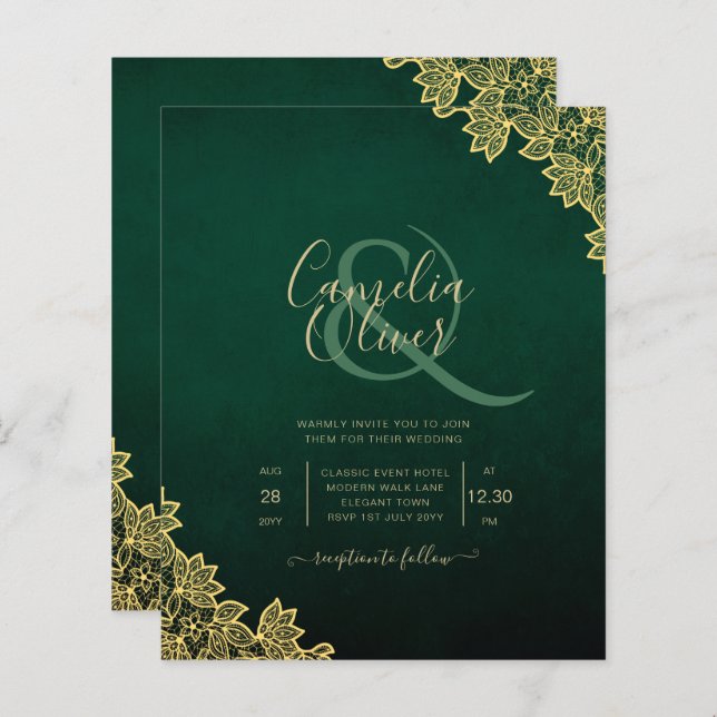 Gold Lace Emerald Green All-in-1 Wedding Invite QR (Front/Back)