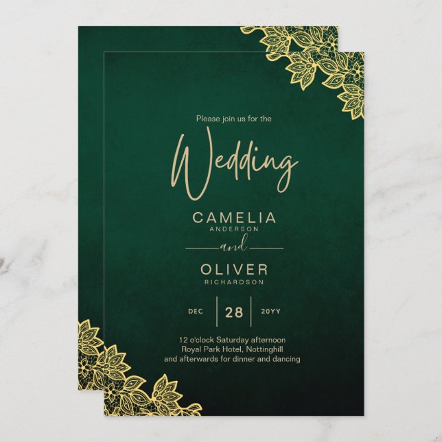 Gold Lace Emerald Green All-in-1 Wedding Invite QR (Front/Back)