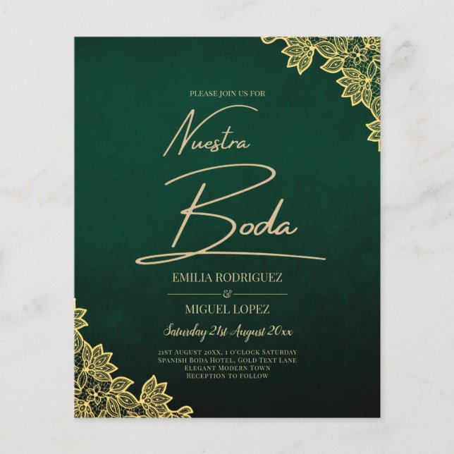 Gold Lace Emerald Green All-in-1 Wedding Invite QR Flyer (Front)