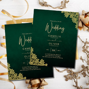 Gold Lace Emerald Green All-in-1 Wedding Invite QR Flyer