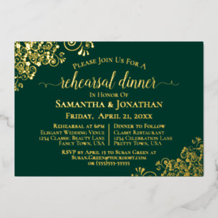 Gold Lace Emerald Green Wedding Rehearsal Dinner