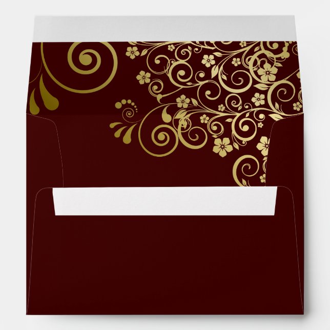 Gold Lace Filigree on Auburn Brown Elegant Wedding Envelope (Back (Bottom))