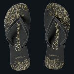 Gold Lace Frills Elegant Black Bridesmaid Wedding Flip Flops<br><div class="desc">These elegant wedding flip flops are a great way to thank and recognise your bridesmaids, while giving their feet a rest after a long day. The beautiful design features an elegant design with golden lace frills on a classic black background and fancy gold coloured script lettering. The text reads Bridesmaid...</div>