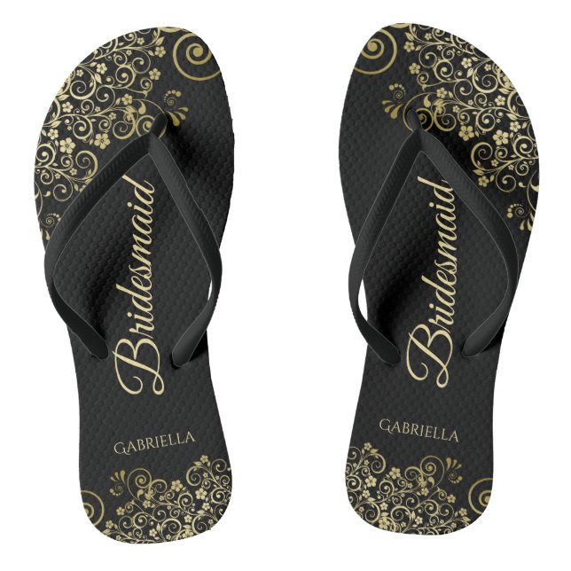 Gold Lace Frills Elegant Black Bridesmaid Wedding Flip Flops (Footbed)