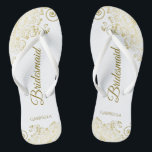 Gold Lace Frills Elegant White Bridesmaid Wedding Flip Flops<br><div class="desc">These elegant wedding flip flops are a great way to thank and recognise your bridesmaids, while giving their feet a rest after a long day. The beautiful design features an elegant design with golden lace frills on a white background and fancy gold coloured script lettering. The text reads Bridesmaid with...</div>