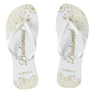 Gold Lace Frills Elegant White Bridesmaid Wedding Flip Flops