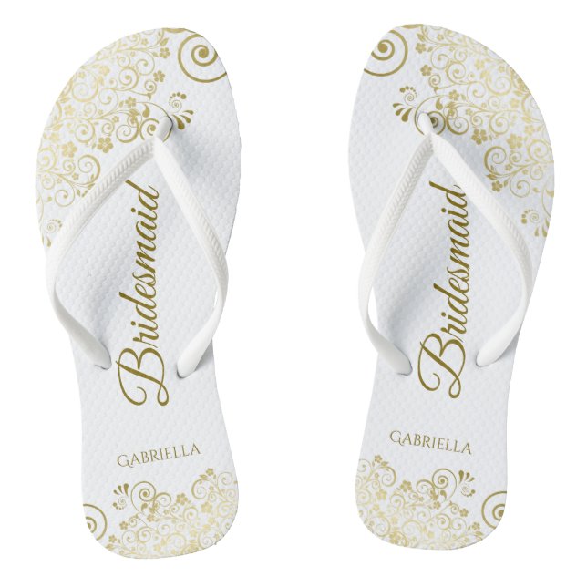 Gold Lace Frills Elegant White Bridesmaid Wedding Flip Flops (Footbed)