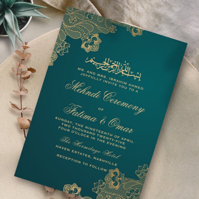 Gold Lace Green Islamic Muslim Mehndi Ceremony Invitation (Creator Uploaded)
