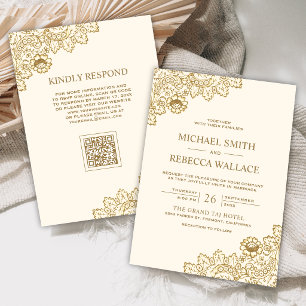 Gold Lace Ivory Cream QR Code Wedding Invitation