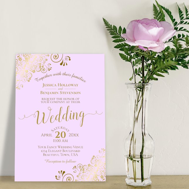 Gold Lace Lilac Purple Elegant Calligraphy Wedding Invitation (Creator Uploaded)