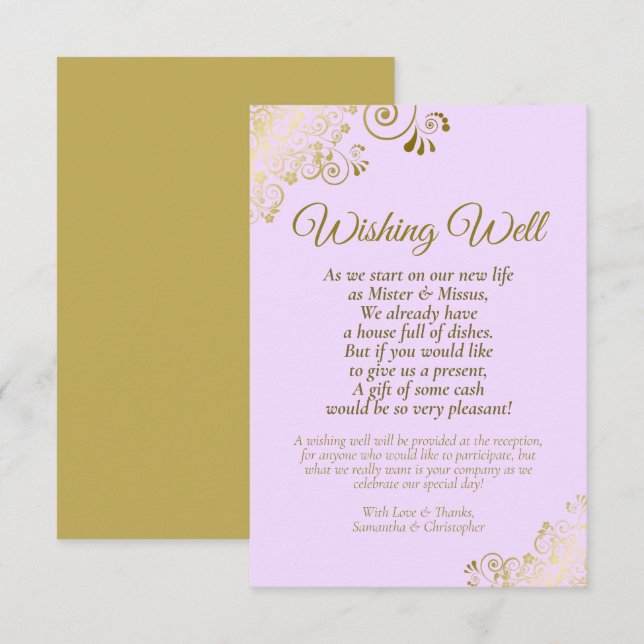 Gold Lace & Lilac Purple Wedding Wishing Well Poem Enclosure Card (Front/Back)
