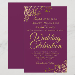 Gold Lace Magenta BUDGET Wedding Invitation Large