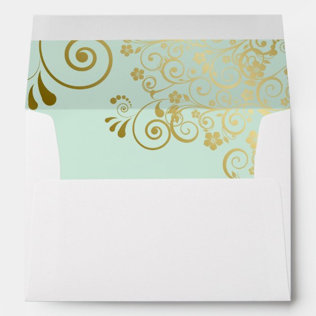 Gold Lace Mint Green Inside Elegant White Wedding Envelope (Back (Bottom))