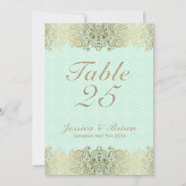 Gold Lace & Mint-Green Wedding Table Number (Front)