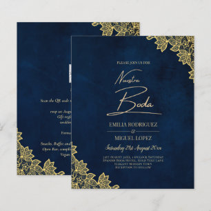 Gold Lace Navy Blue All-in-1 Wedding Invites QR Co