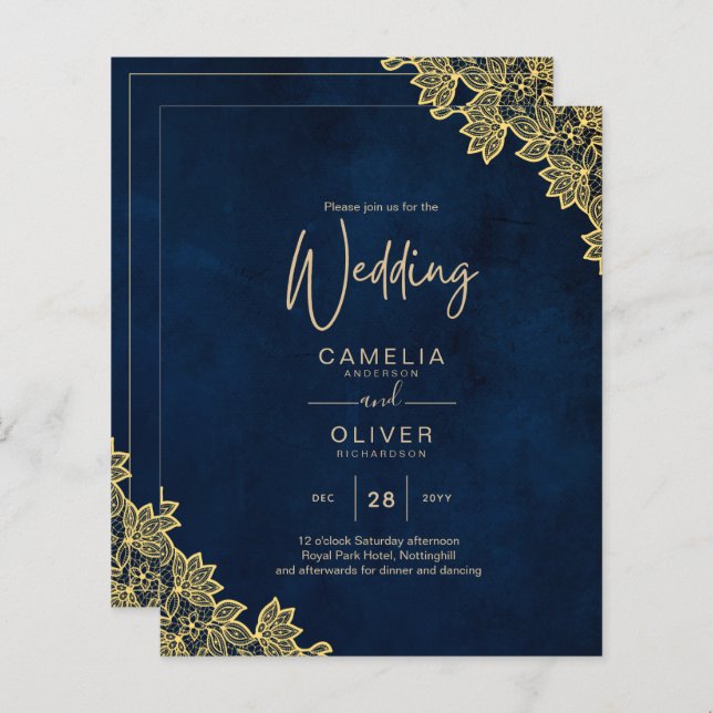 Gold Lace Navy Blue All-in-1 Wedding Invites QR Co (Front/Back)