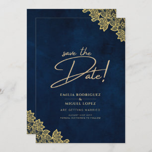 Gold Lace Navy Blue All-in-1 Wedding Invites QR Co