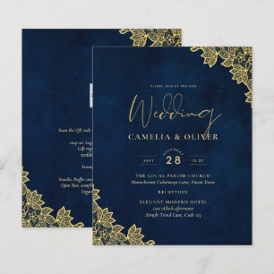 Gold Lace Navy Blue All-in-1 Wedding Invites QR Co