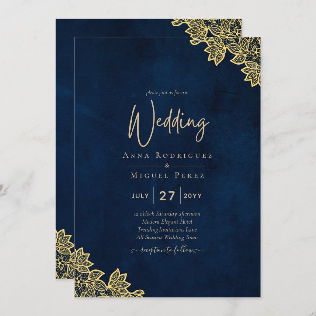 Gold Lace Navy Blue All-in-1 Wedding Invites QR Co (Front/Back)