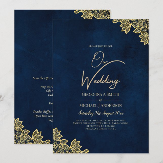 Gold Lace Navy Blue All-in-1 Wedding Invites QR Co (Front/Back)