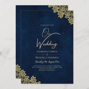 Gold Lace Navy Blue All-in-1 Wedding Invites QR Co