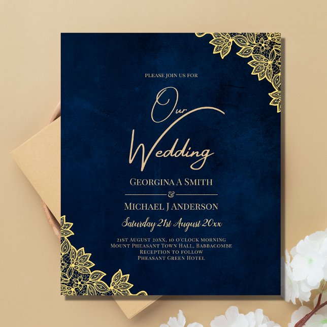 Gold Lace Navy Blue All-in-1 Wedding Invites QR Co (Creator Uploaded)