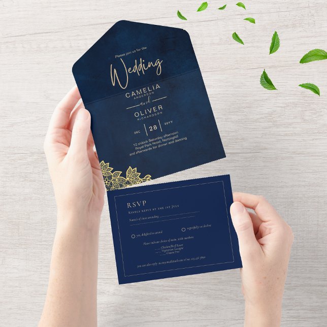 Gold Lace Navy Blue All-in-1 Wedding Invites QR Co (Creator Uploaded)