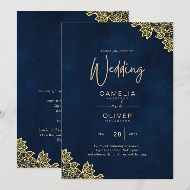 Gold Lace Navy Blue All-in-1 Wedding Invites QR Co (Front/Back)